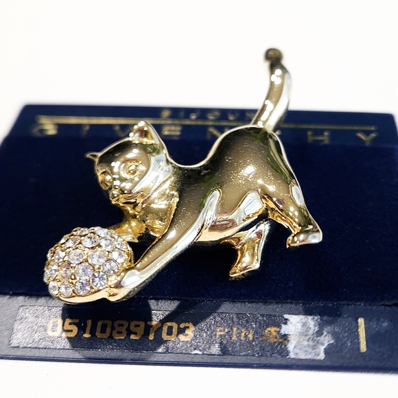 Givenchy Cat Kitten Brooch Pin Vintage NWT Gold Tone Swarovski Crystals - Picture 6 of 15